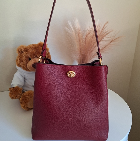 Coach Handbags - NWOT Coach 55200 Pebble Leather Charlie Bucket Bag Gold/ Deep Red Crossbody $375